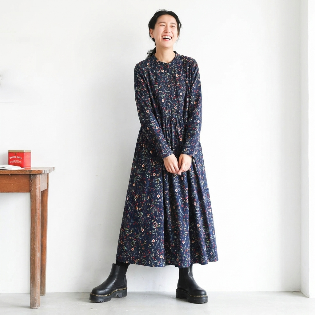 Aライン リボン ボタン 長袖 プリント 定番 プリントワンピース