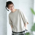 無地 丸首 プルオーバー 袖口結び 五分袖 T シャツ