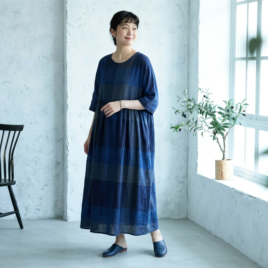 ONESIZE 濃青市松切り替え七分袖リネンロングワンピ