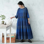 ONESIZE 濃青市松切り替え七分袖リネンロングワンピ