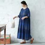 ONESIZE 濃青市松切り替え七分袖リネンロングワンピ