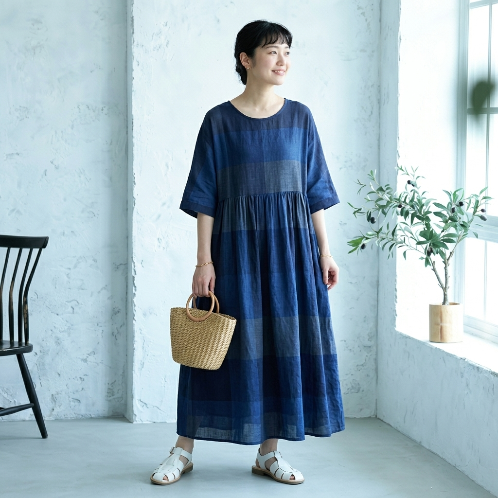 ONESIZE 濃青市松切り替え七分袖リネンロングワンピ