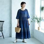 ONESIZE 濃青市松切り替え七分袖リネンロングワンピ