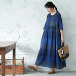 ONESIZE 濃青市松切り替え七分袖リネンロングワンピ