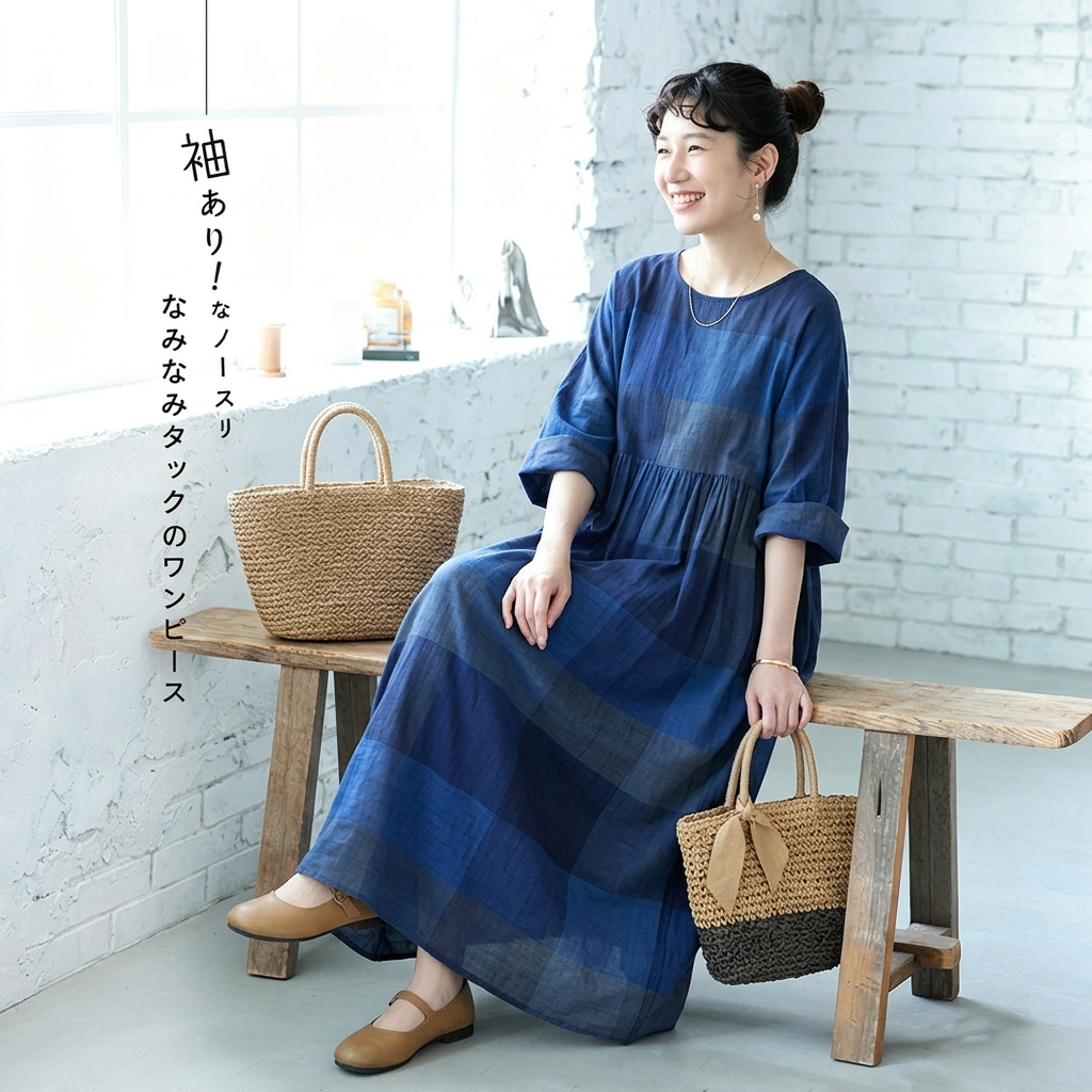 ONESIZE 濃青市松切り替え七分袖リネンロングワンピ