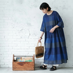 ONESIZE 濃青市松切り替え七分袖リネンロングワンピ
