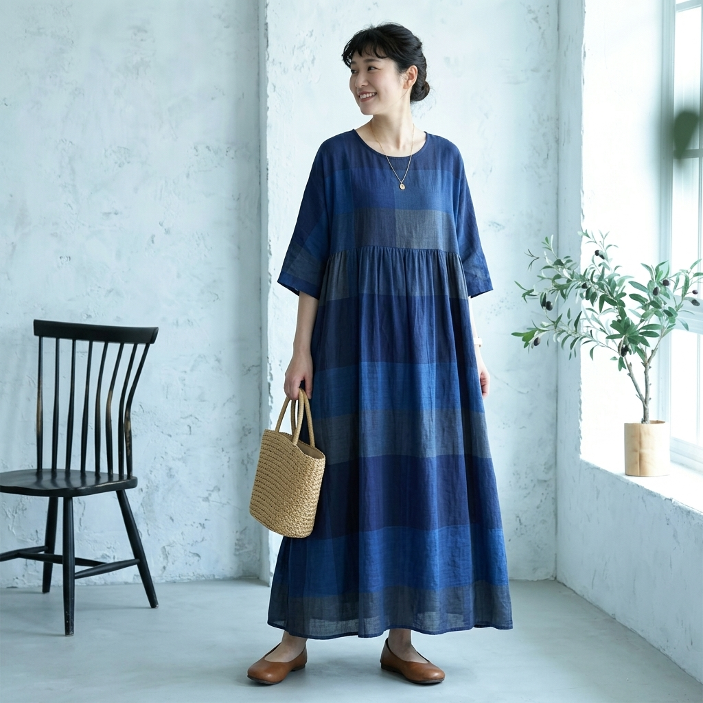 ONESIZE 濃青市松切り替え七分袖リネンロングワンピ