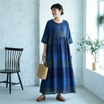 ONESIZE 濃青市松切り替え七分袖リネンロングワンピ