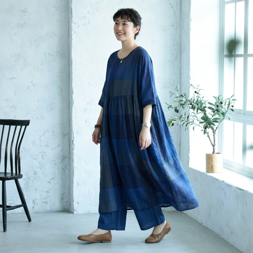 ONESIZE 濃青市松切り替え七分袖リネンロングワンピ