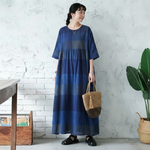 ONESIZE 濃青市松切り替え七分袖リネンロングワンピ