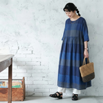 ONESIZE 濃青市松切り替え七分袖リネンロングワンピ