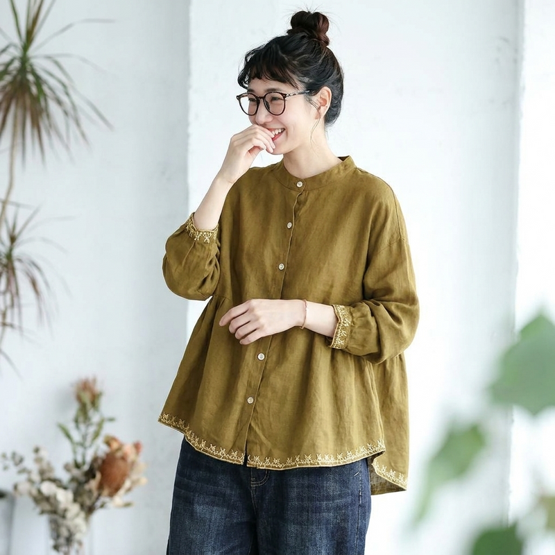 M～4XL コットン 刺繍 長袖 シャツ