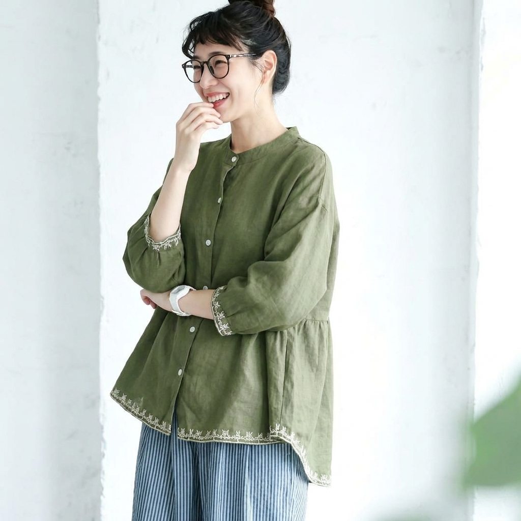 M～4XL コットン 刺繍 長袖 シャツ