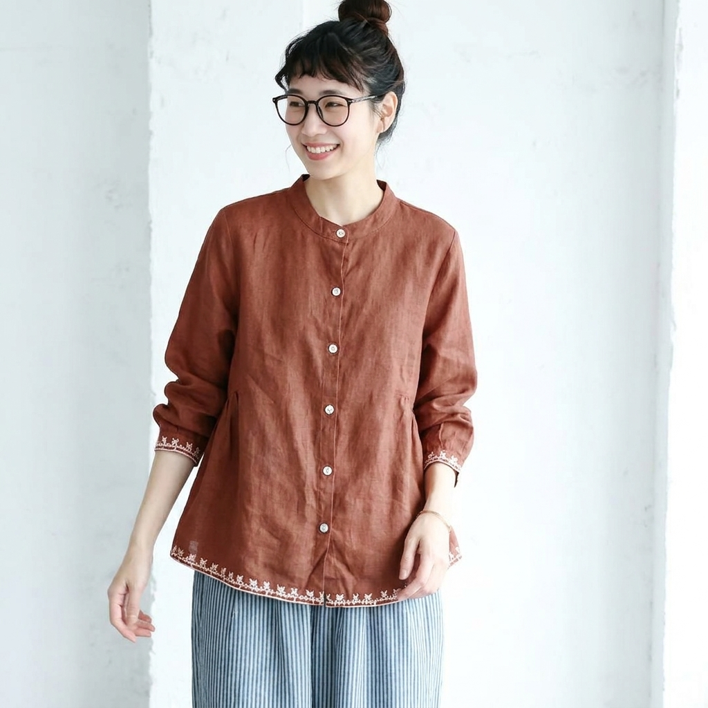 M～4XL コットン 刺繍 長袖 シャツ