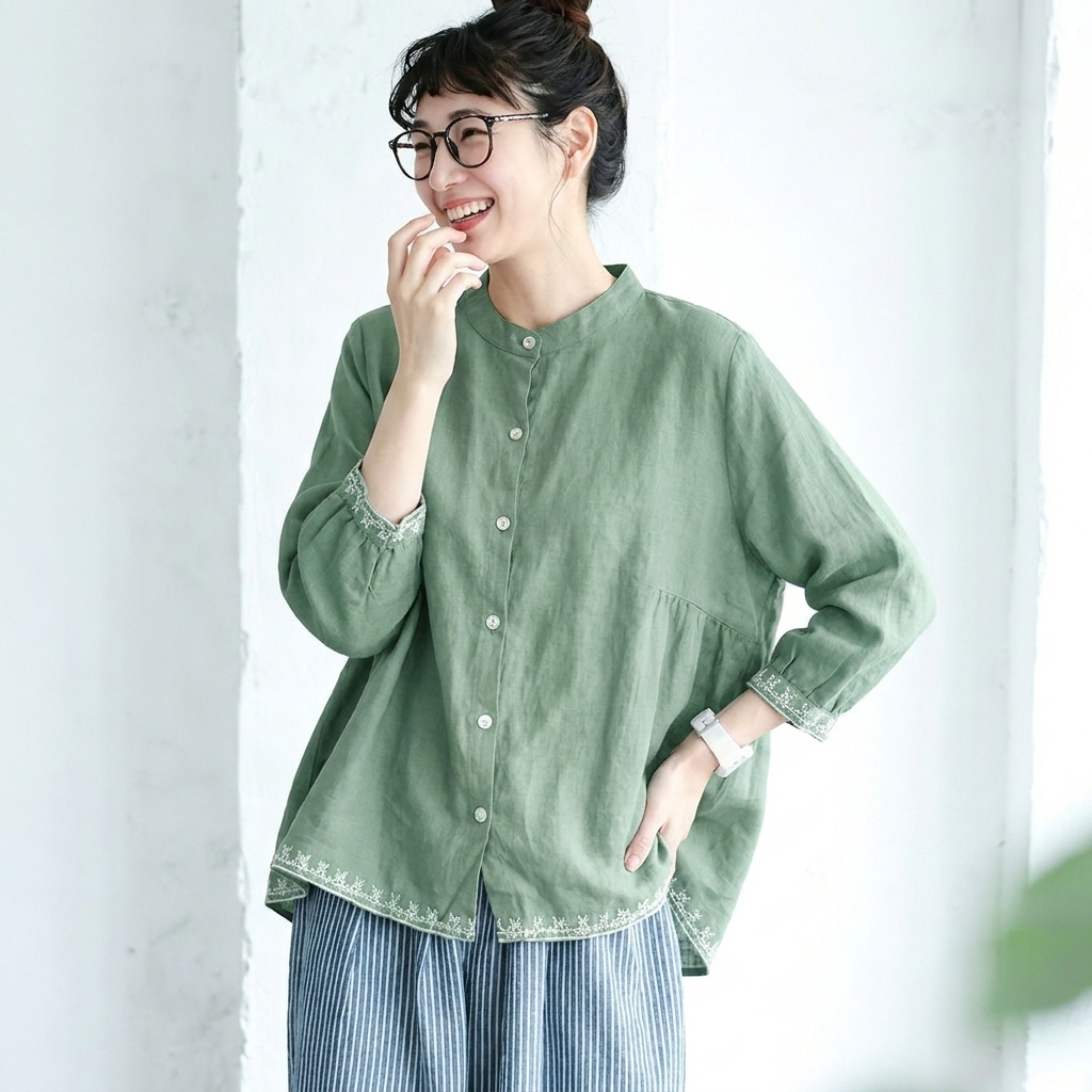 M～4XL コットン 刺繍 長袖 シャツ