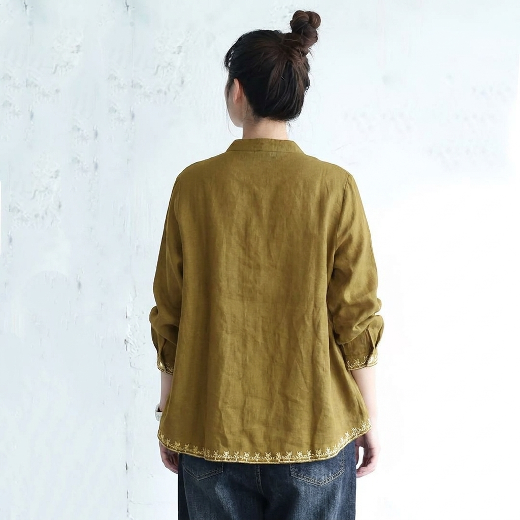 M～4XL コットン 刺繍 長袖 シャツ
