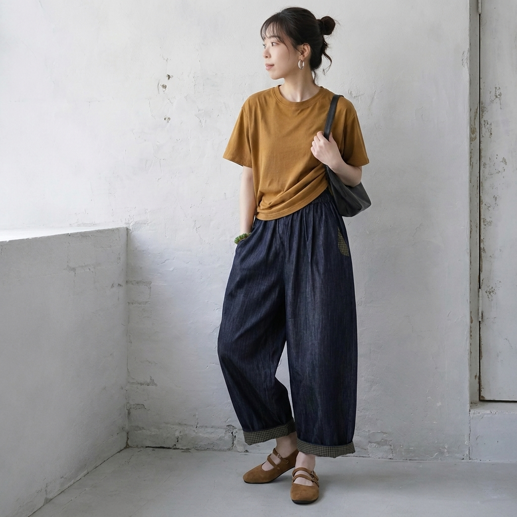 幾何模様 切り替え アンクル丈（9分丈） パンツ