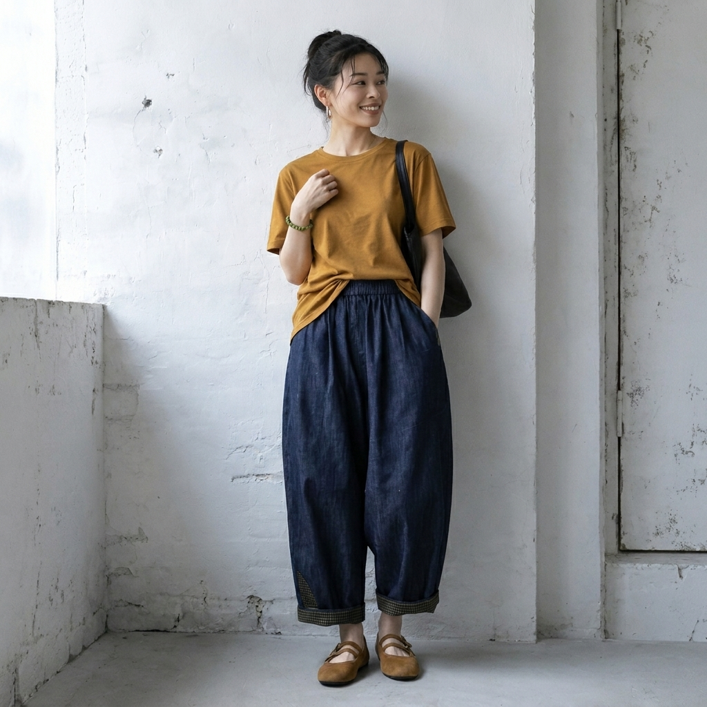 幾何模様 切り替え アンクル丈（9分丈） パンツ