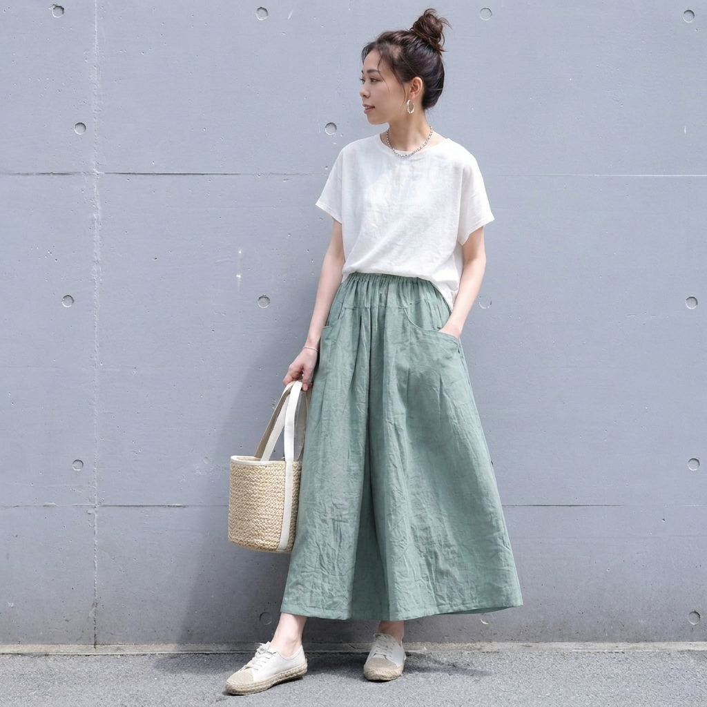 綿麻 切り替え パンツ