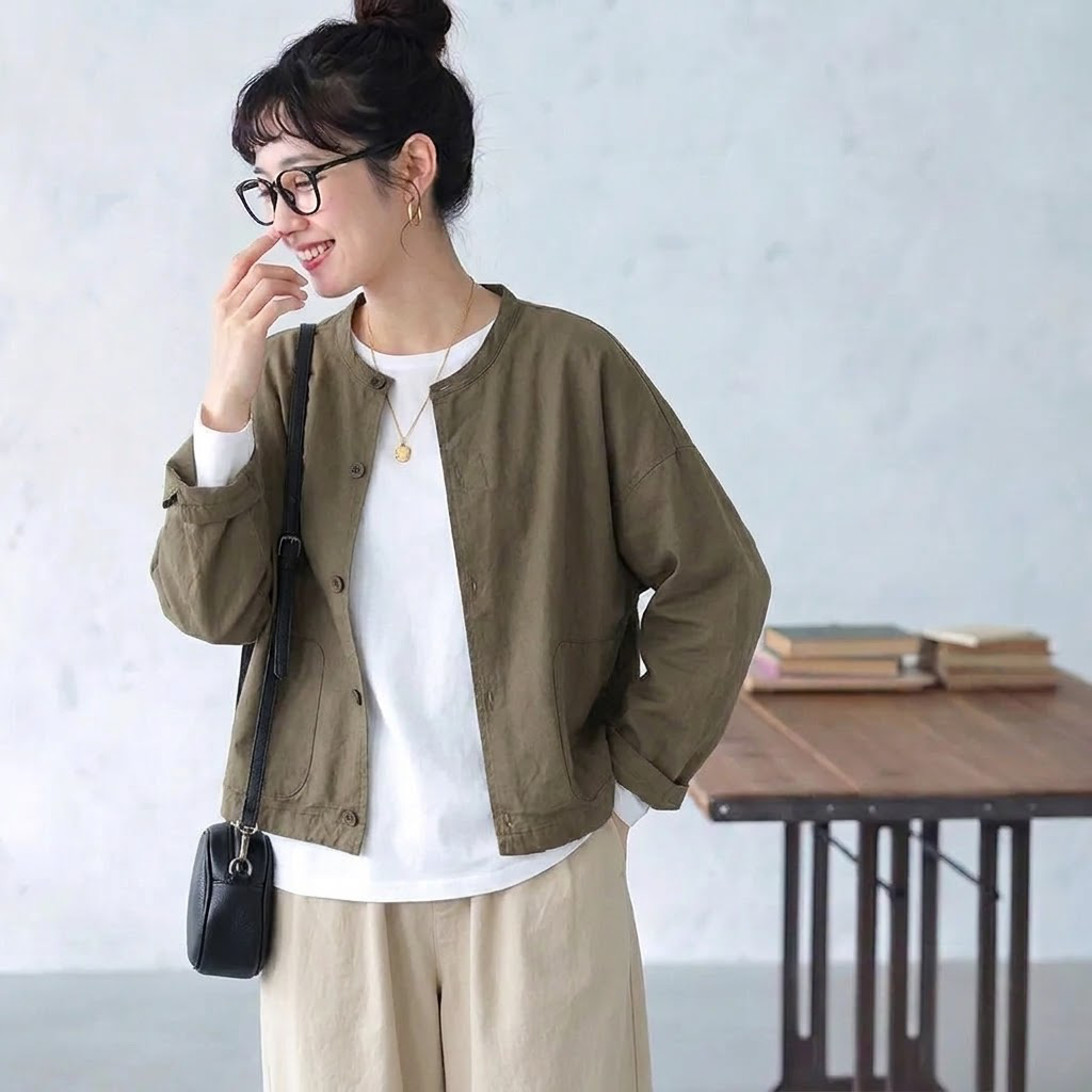 長袖 ラウンドネック 無地 ボタン ジャケット