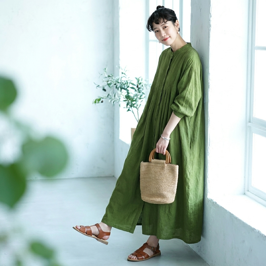 綿麻 長袖 リネングリーン ワンピース