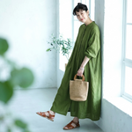 綿麻 長袖 リネングリーン ワンピース