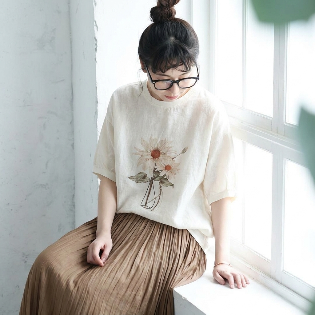 リネン プリント ラウンドネック ドルマンスリーブ 花模様 五分袖 Tシャツ
