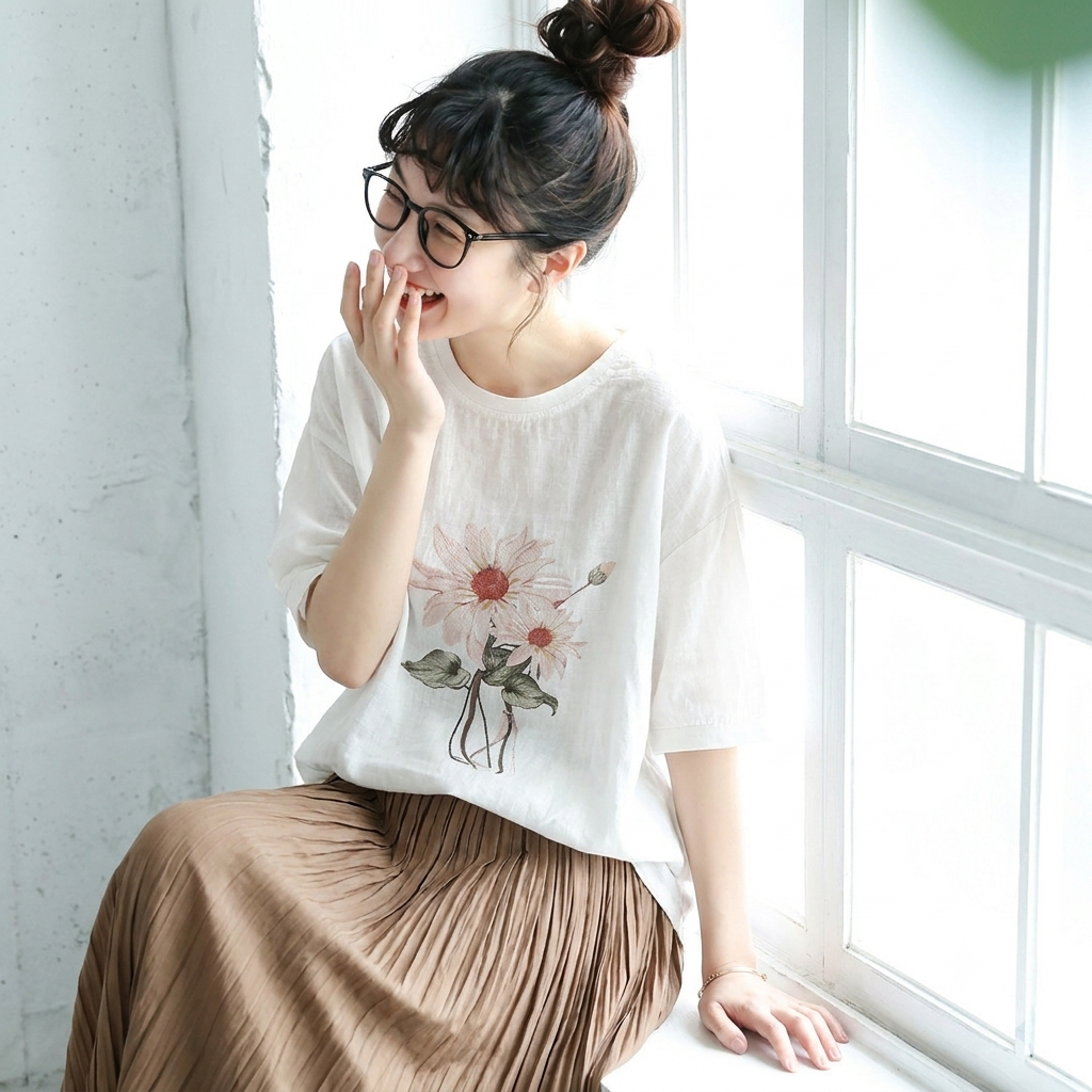 リネン プリント ラウンドネック ドルマンスリーブ 花模様 五分袖 Tシャツ