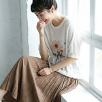 リネン プリント ラウンドネック ドルマンスリーブ 花模様 五分袖 Tシャツ