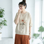 リネン プリント ラウンドネック ドルマンスリーブ 花模様 五分袖 Tシャツ
