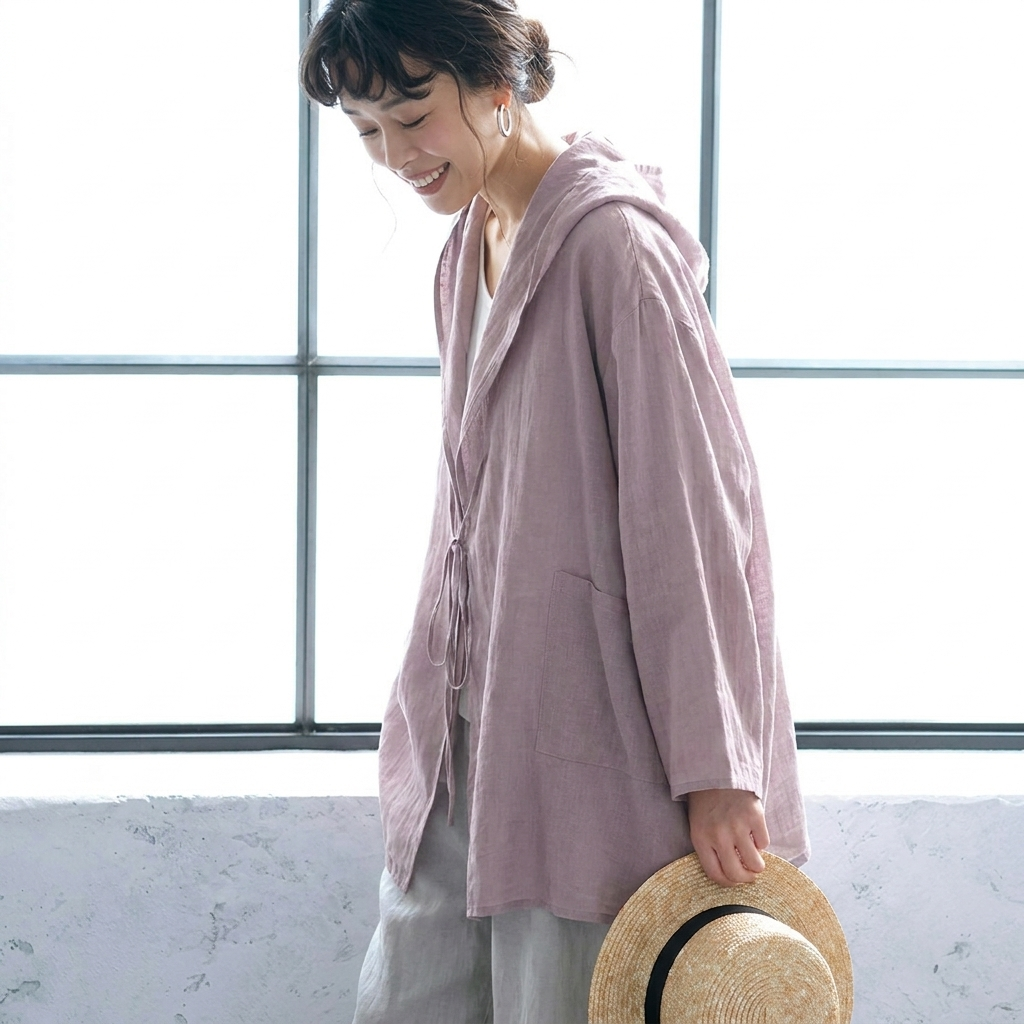 綿麻 フード付き ポケット付き 接触冷感 日焼け止め カーディガン