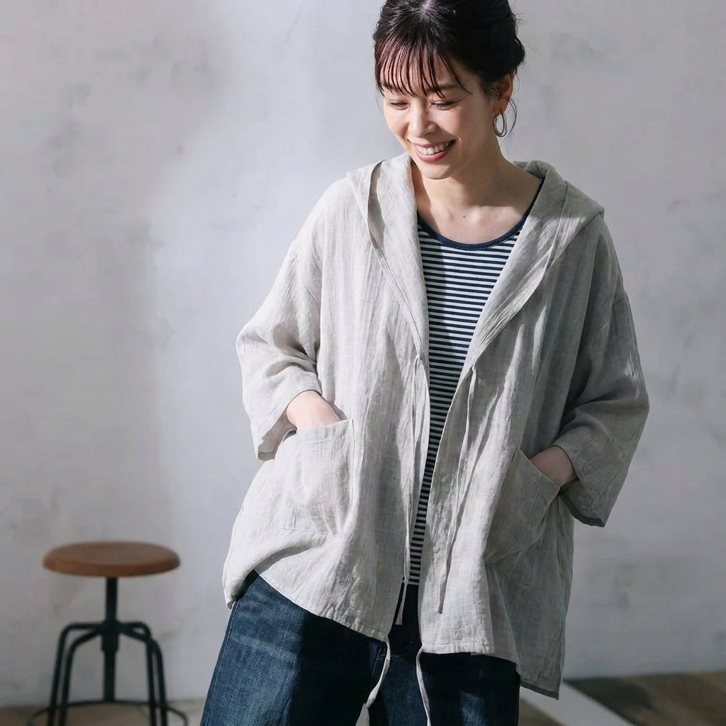 綿麻 フード付き ポケット付き 接触冷感 日焼け止め カーディガン