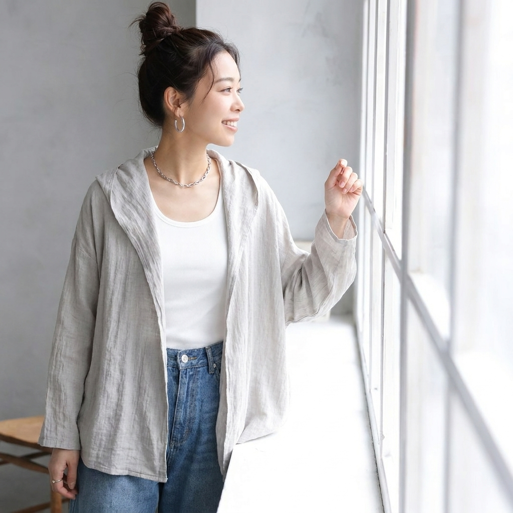 綿麻 フード付き ポケット付き 接触冷感 日焼け止め カーディガン
