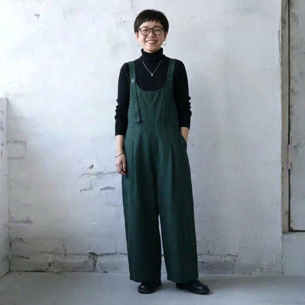 テクスチャ 無地 ロング丈 レトロ サロペット