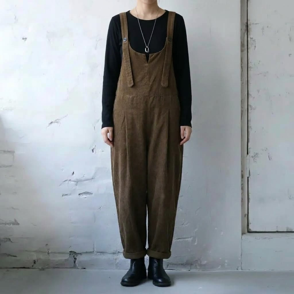 テクスチャ 無地 ロング丈 レトロ サロペット