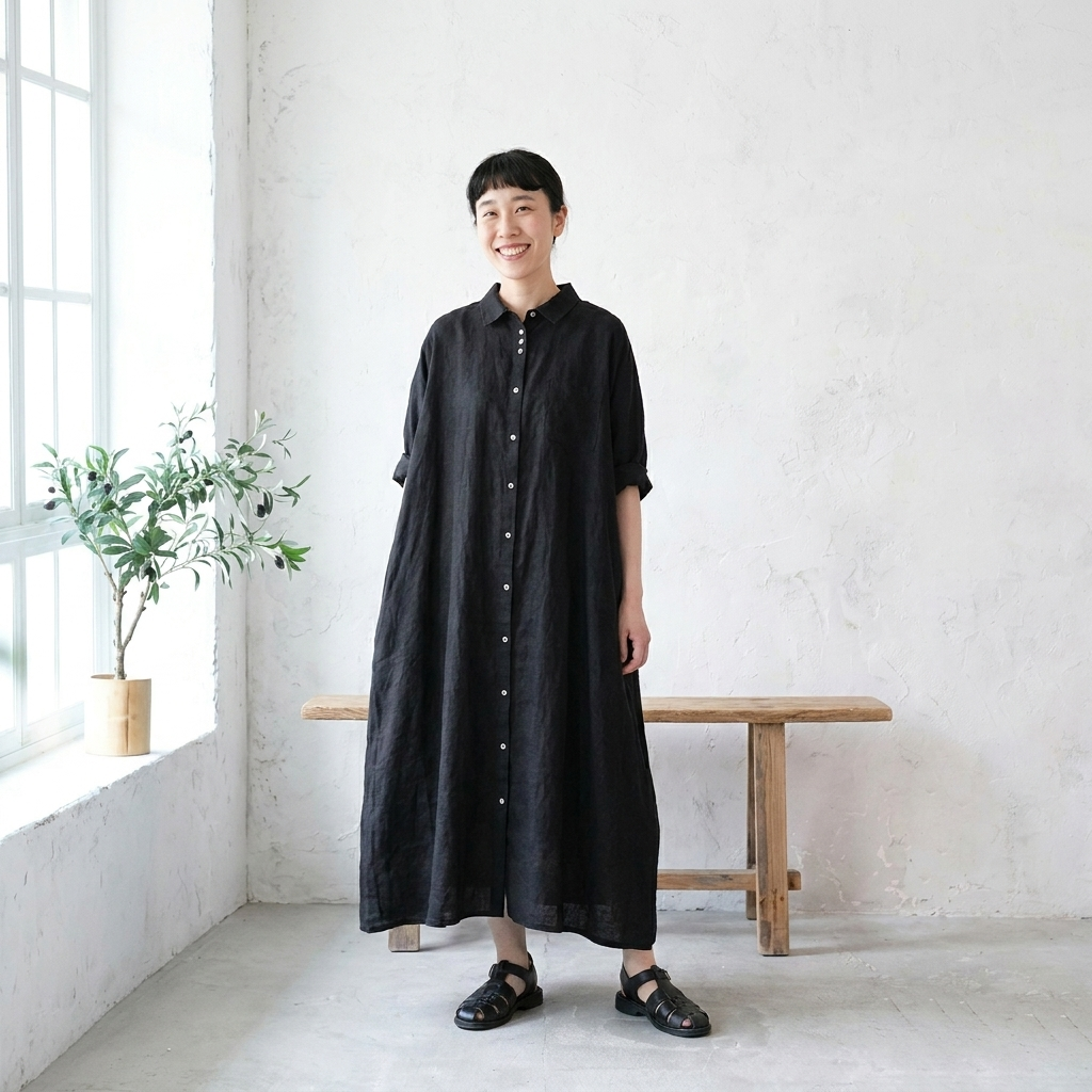 無地 スリット入り 前開きボタン 七分袖 ストレート ワンピース