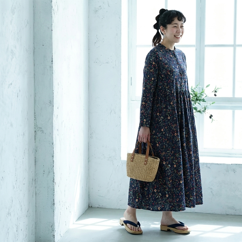 Aライン リボン ボタン 長袖 プリント 定番 プリントワンピース