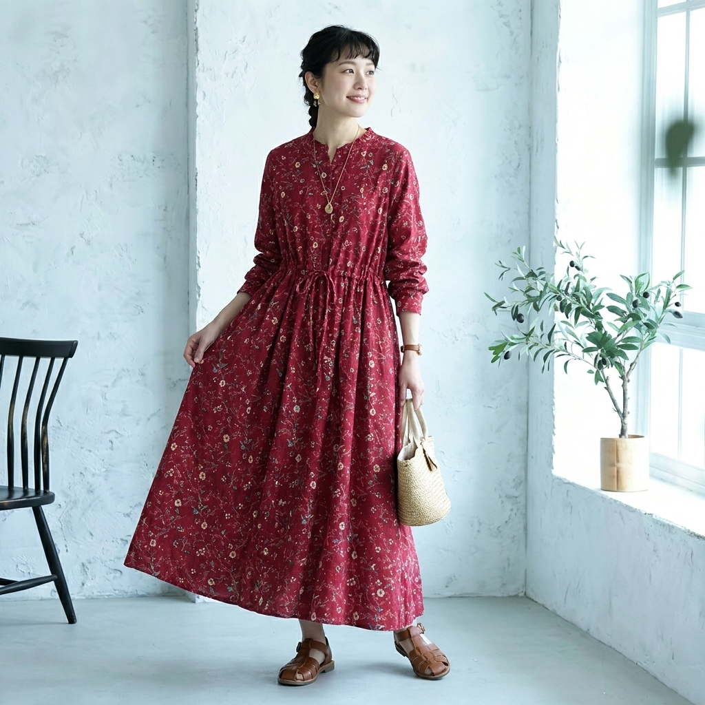 Aライン リボン ボタン 長袖 プリント 定番 プリントワンピース