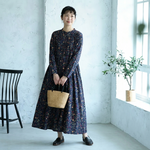 Aライン リボン ボタン 長袖 プリント 定番 プリントワンピース