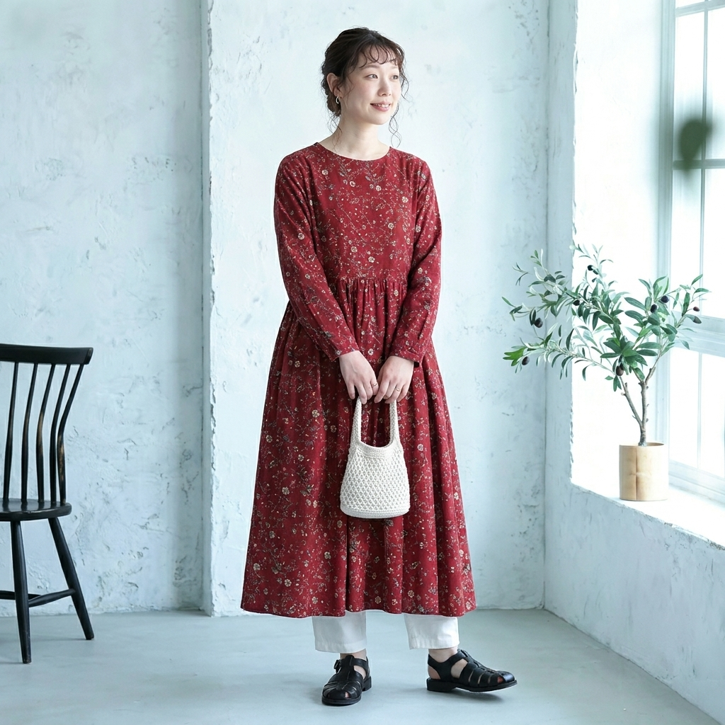Aライン リボン ボタン 長袖 プリント 定番 プリントワンピース