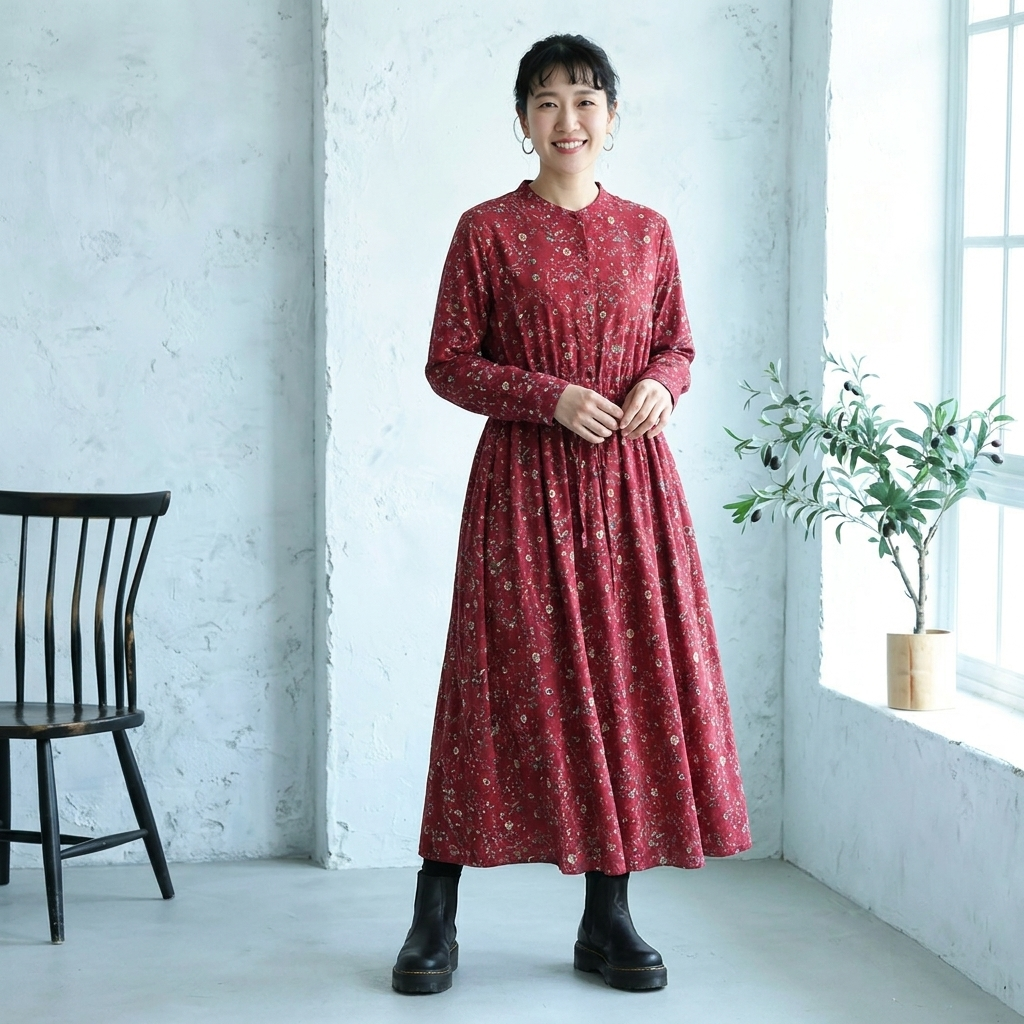 Aライン リボン ボタン 長袖 プリント 定番 プリントワンピース