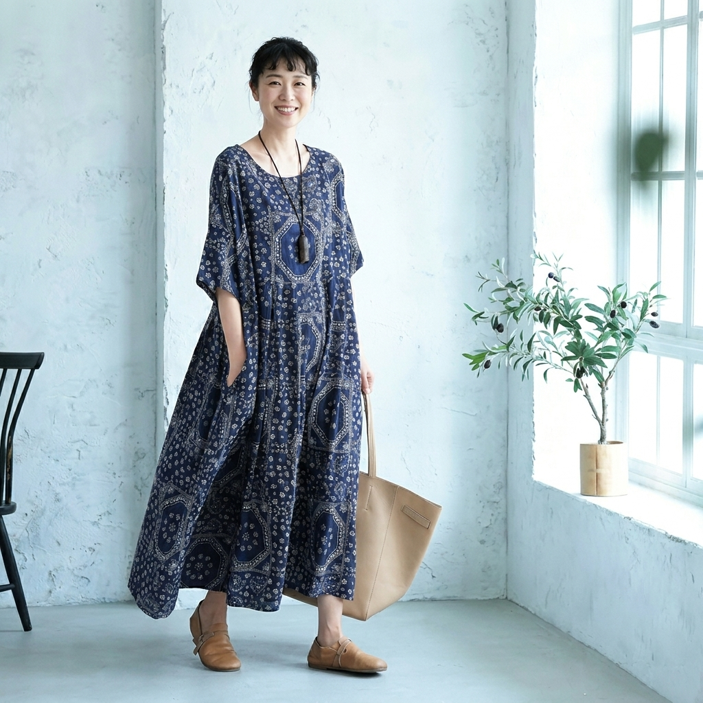 半袖 ラウンドネック ロング プリント プリーツ ワンピース