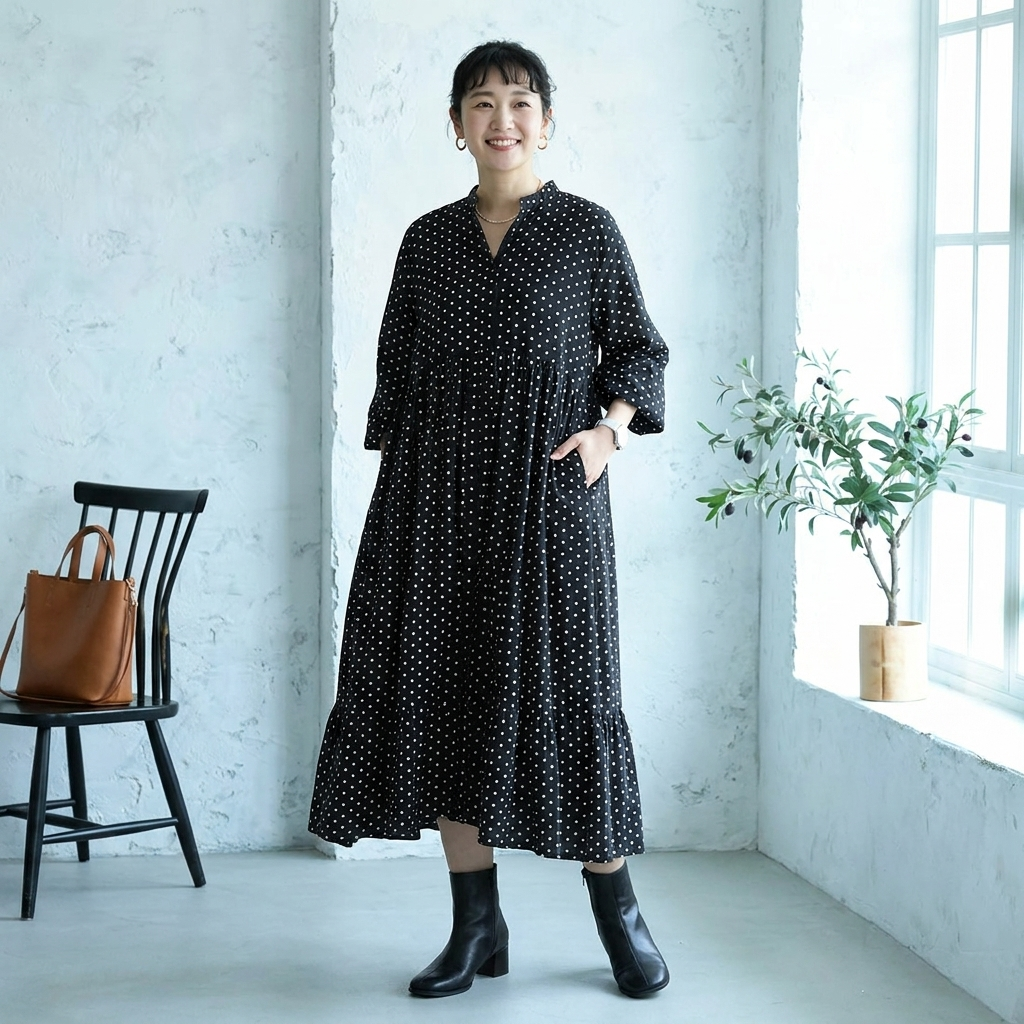 コットン ロングラウンドネックプリーツ9分袖カジュアルワンピース