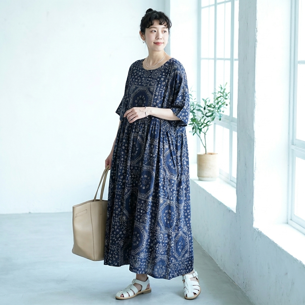 半袖 ラウンドネック ロング プリント プリーツ ワンピース