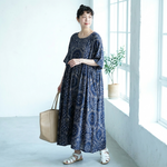 半袖 ラウンドネック ロング プリント プリーツ ワンピース