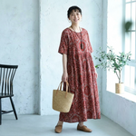 半袖 ラウンドネック ロング プリント プリーツ ワンピース