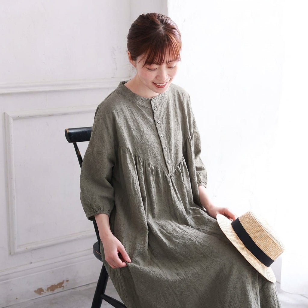 綿麻 バンドカラー長袖ストレートワンピース