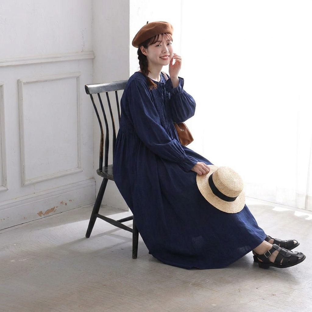 刺繍入り Aラインロングワンピース