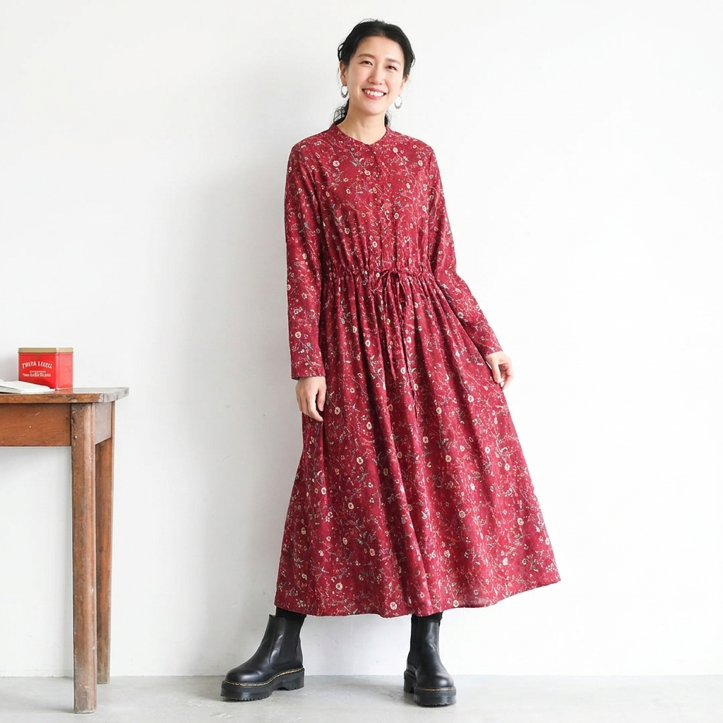 Aライン リボン ボタン 長袖 プリント 定番 プリントワンピース