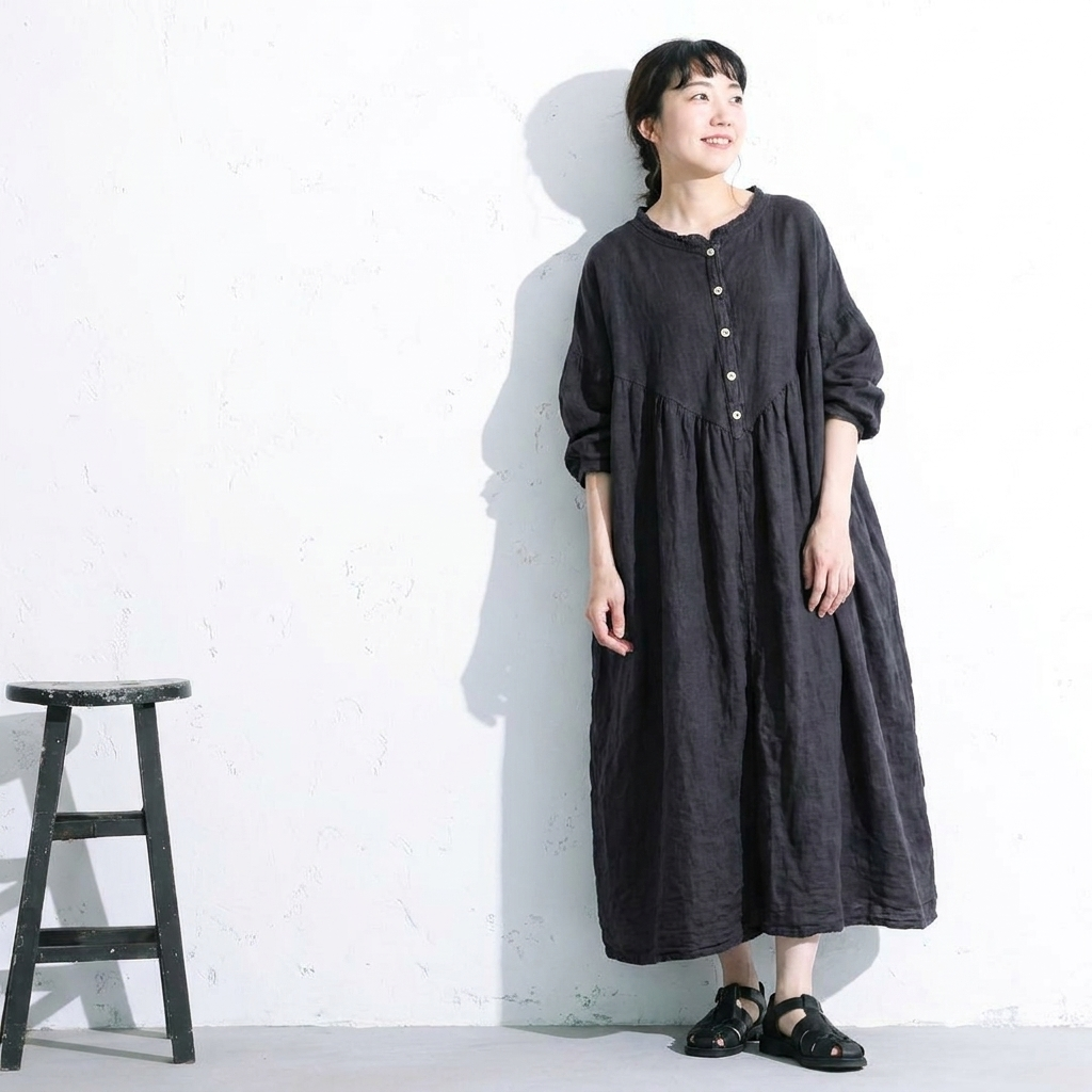 綿麻 バンドカラー長袖ストレートワンピース